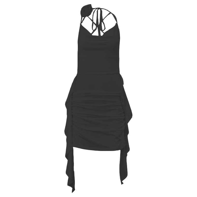 Rosette Cowl Neck Spaghetti Strap Ruched High Low Mini Dress - View 2