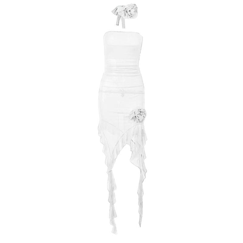 Mesh Halter Neck Floral Applique Ruffle High Low Midi Dress - View 2