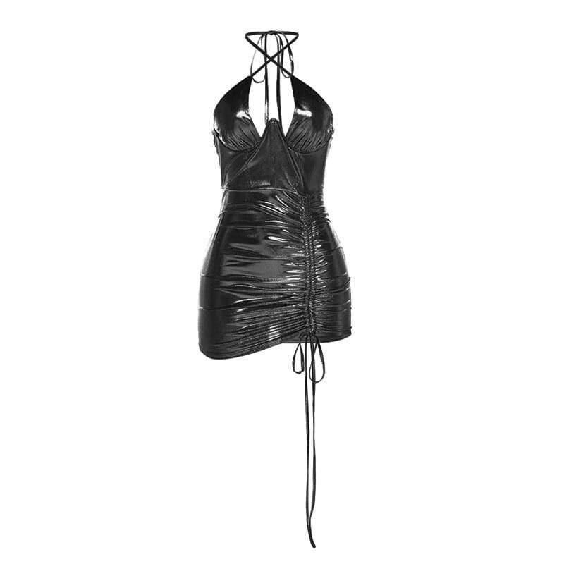 Metallic Halter Neck Ruched Drawstring Bodycon Mini Dress - View 3