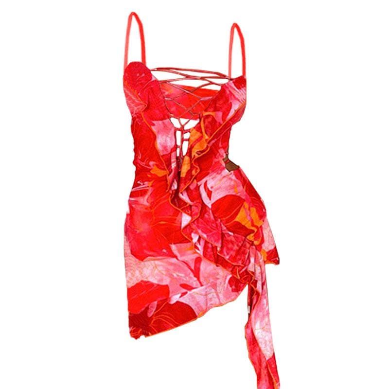 Lace up ruffle hollow out backless cami mini dress - View 3