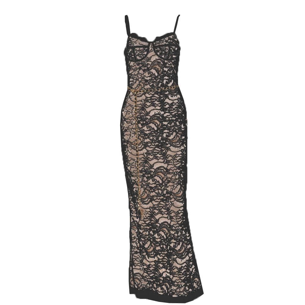 Lace contrast zip-up backless slit cami maxi dress - View 2