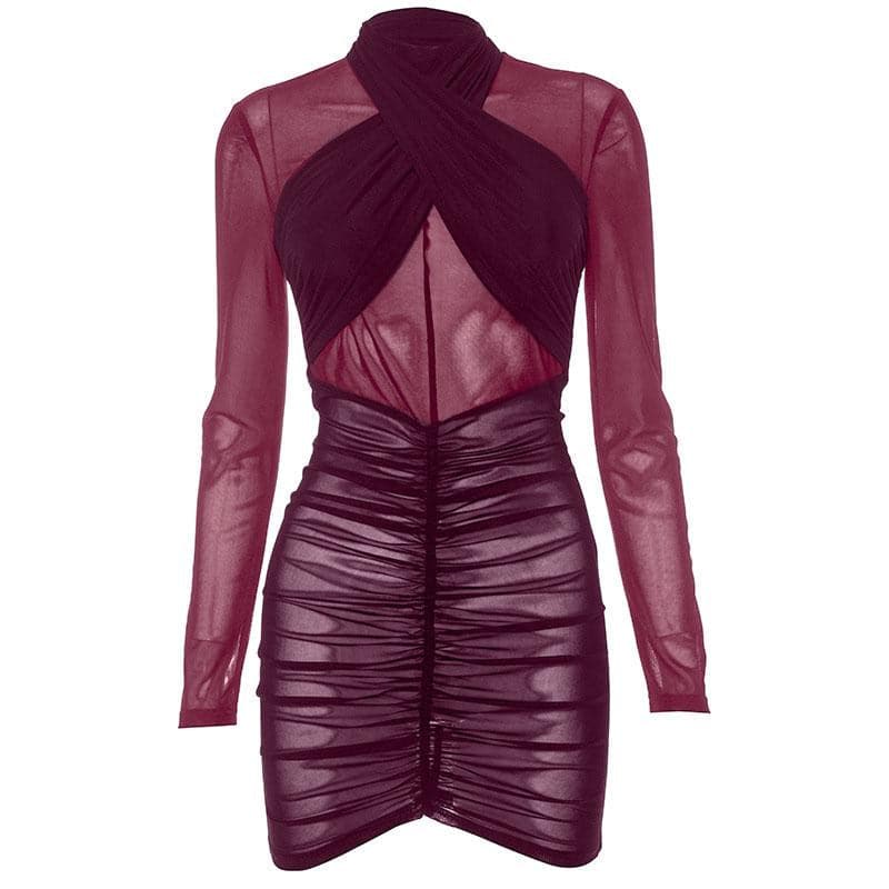 Ruched long sleeve cross front sheer mesh see through mini dress - View 8