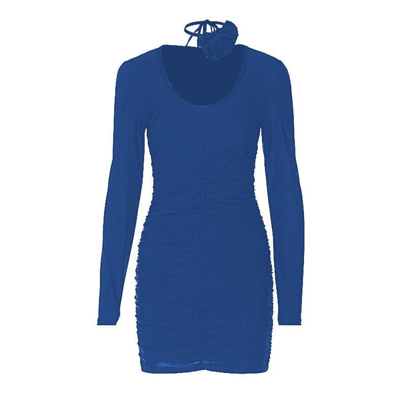 Scoop Neck Long Sleeve Ruched Rosette Bodycon Mini Dress - View 9
