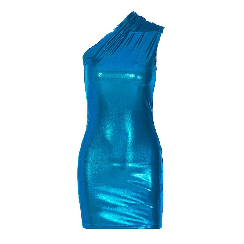 Metallic one shoulder ruched sleeveless irregular mini dress - View 14