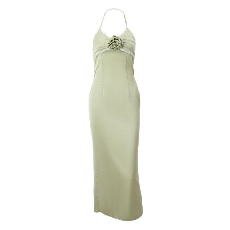 Satin Halter Neck Rosette Ruched Slip Midi Dress