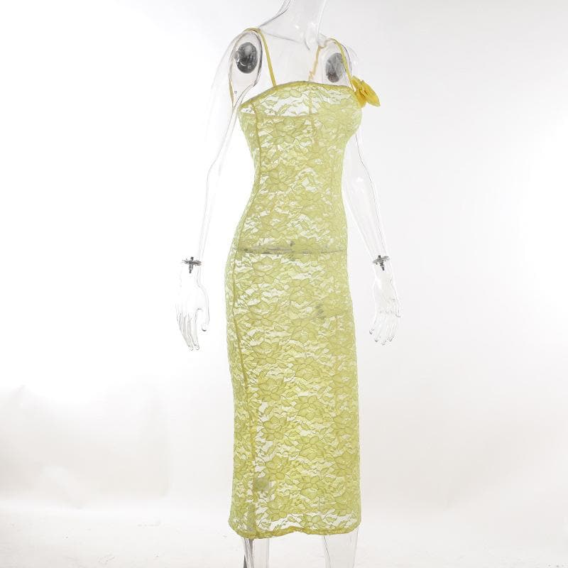 Lace Square Neck Spaghetti Strap Side Slit Bodycon Maxi Dress - View 7