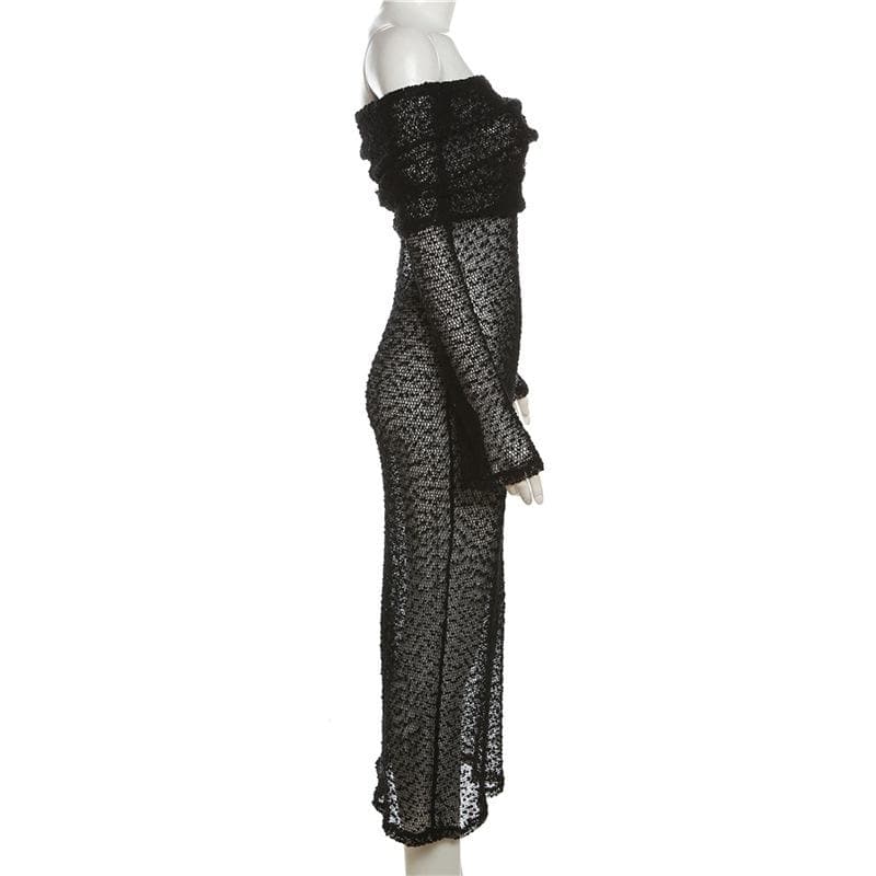 Textured glitter off shoulder long sleeve see through maxi dress - View 4