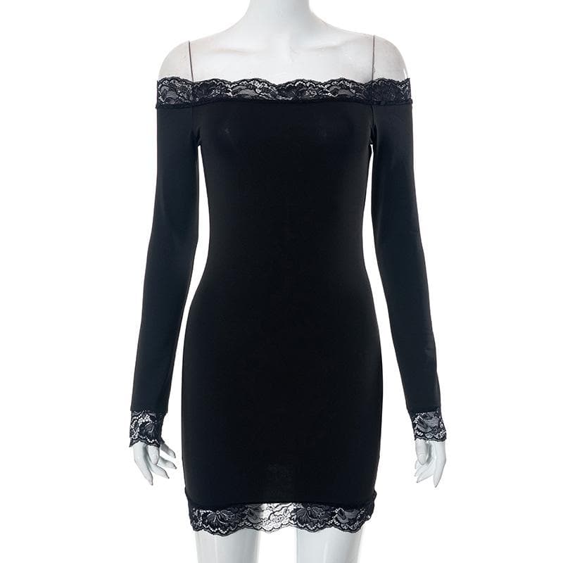 Lace hem solid off shoulder long sleeve mini dress - View 8