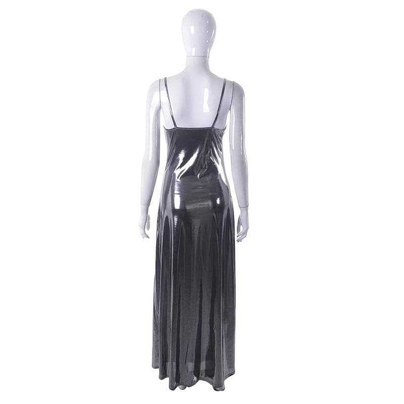 Metallic v neck backless solid low cut cami maxi dress - View 3