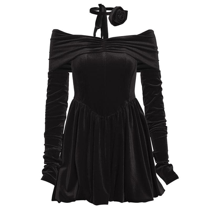 Velvet ruched zip-up off shoulder long sleeve solid mini dress - View 5