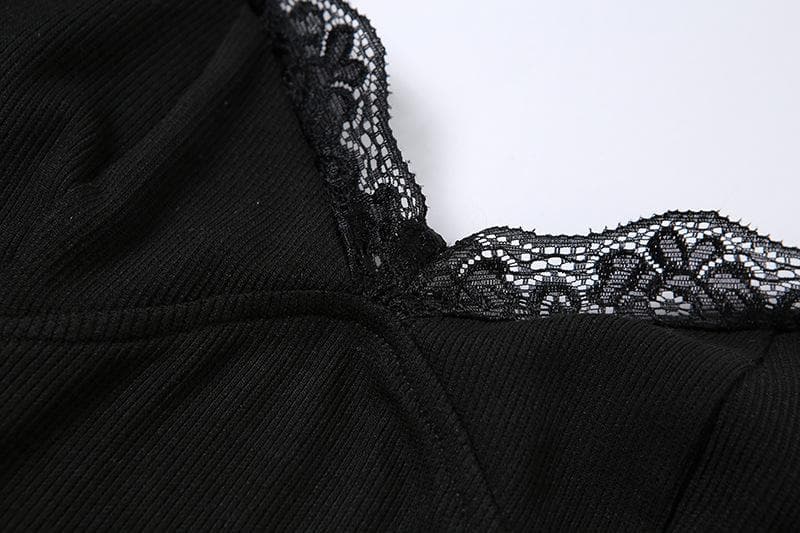 Lace hem solid v neck backless cami mini dress - View 6