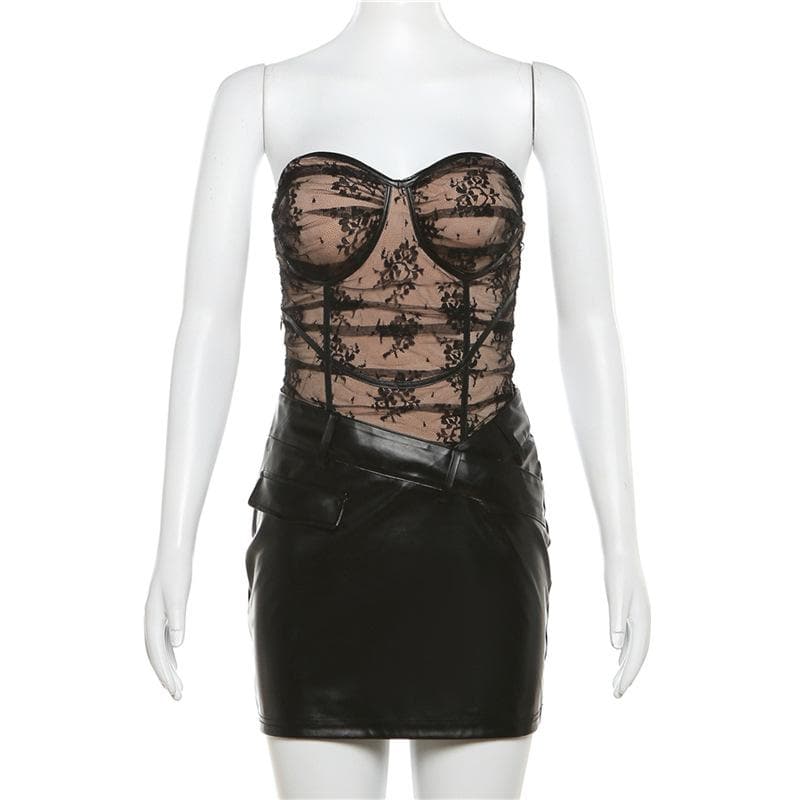 PU leather sweetheart neck patchwork zip-up lace tube mini dress - View 4