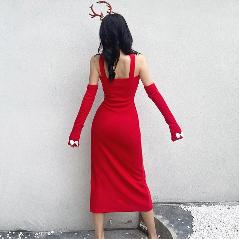 Knit Off Shoulder Long Sleeve High Split Bodycon Midi Dress - View 4