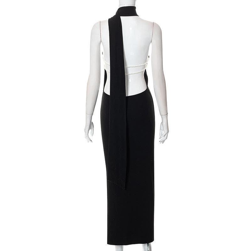 One shoulder backless slit solid halter beaded maxi dress - View 3