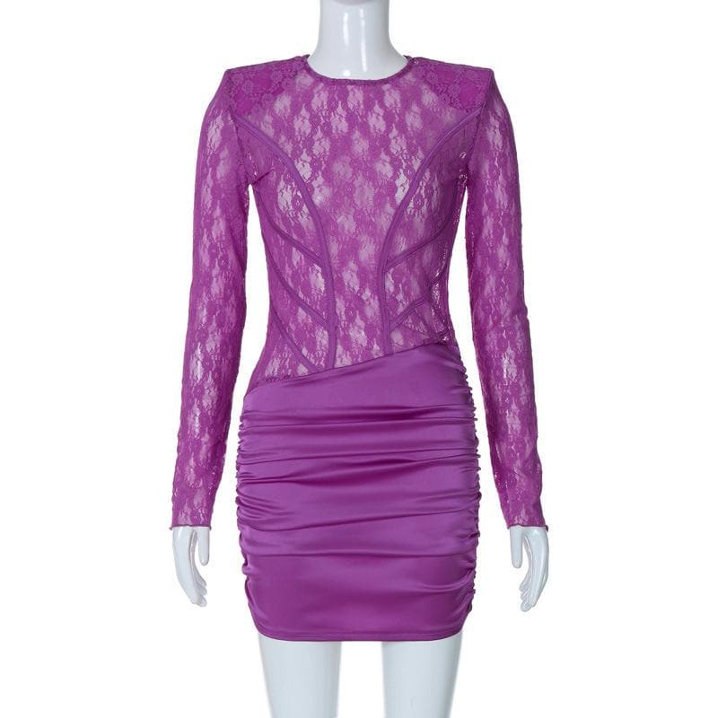 Lace see through satin ruched hollow out long sleeve mini dress - View 2