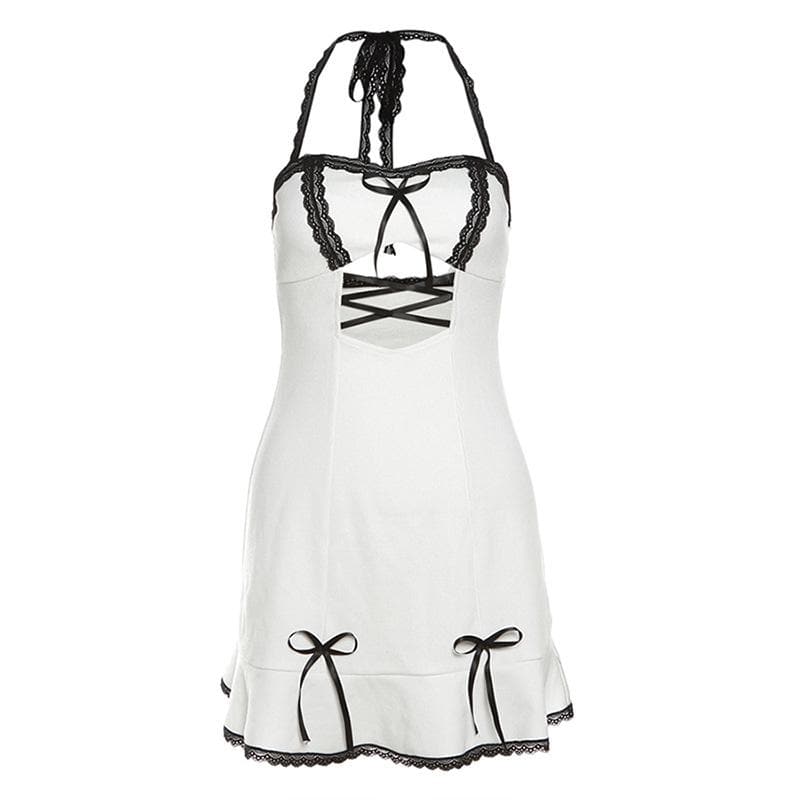 Lace Trim Halter Neck Lace Up Cut Out Mini Dress - View 4