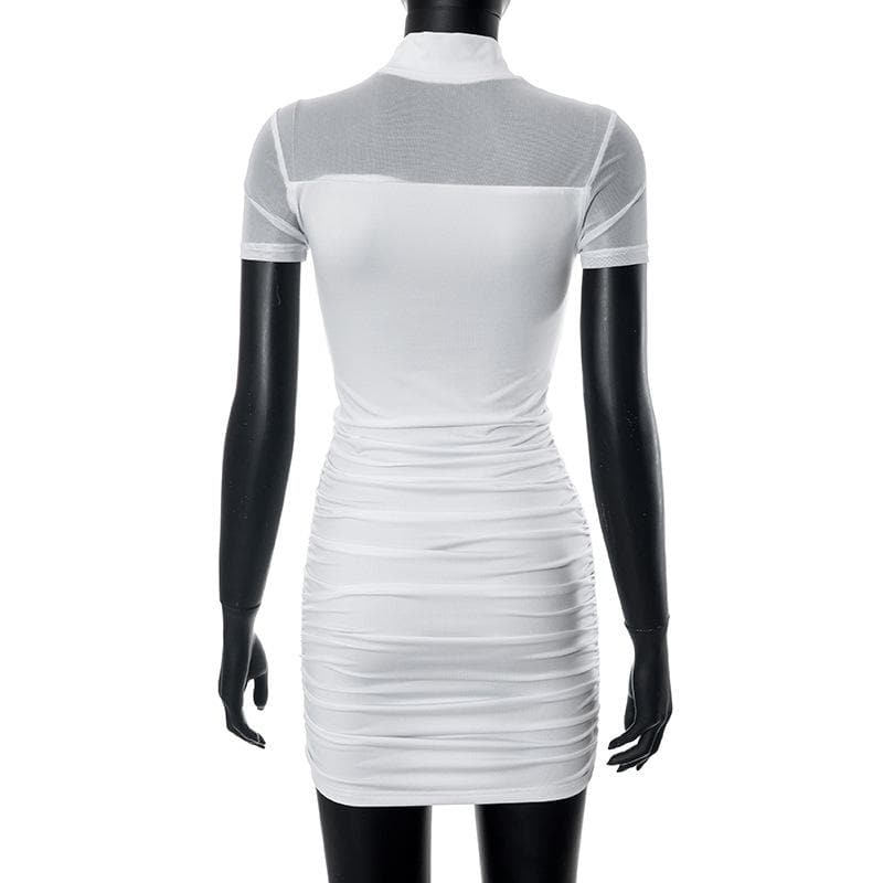 High neck short sleeve mesh patchwork ruched solid mini dress - View 9