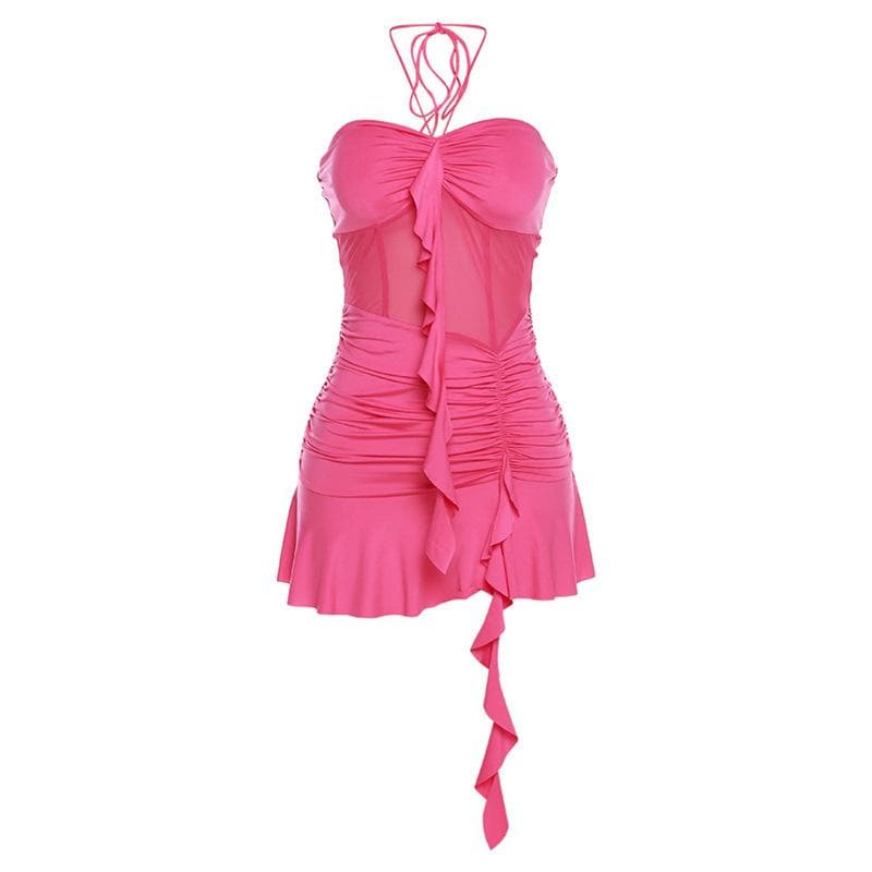 Mesh Halter Neck Ruffle Ruched Mini Dress - View 4
