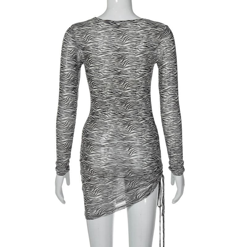 Zebra print hollow out irregular long sleeve sheer mini dress - View 4