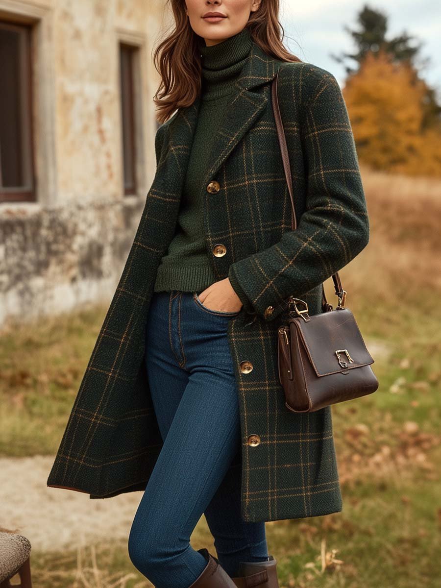 Women's Button Plaid Wool Coat - Fashionpara