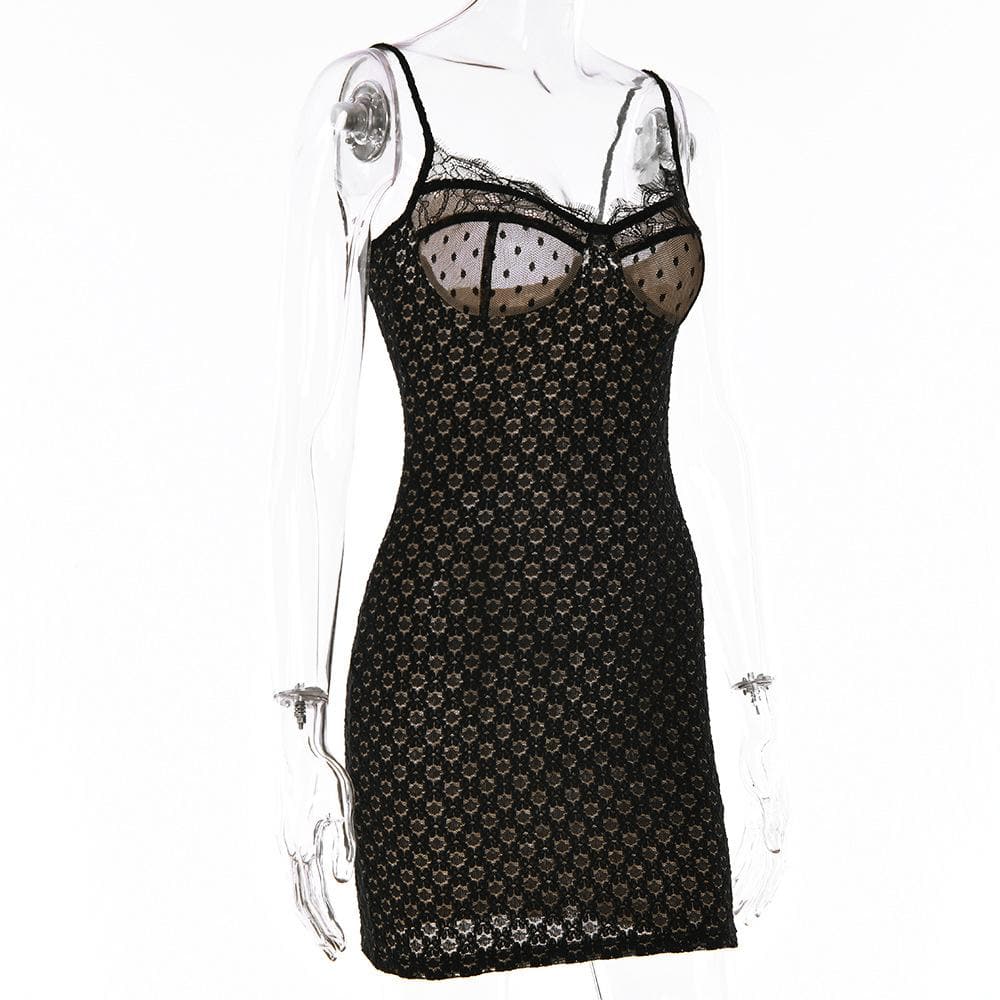 Mesh contrast lace hem zip-up backless cami mini dress - View 3