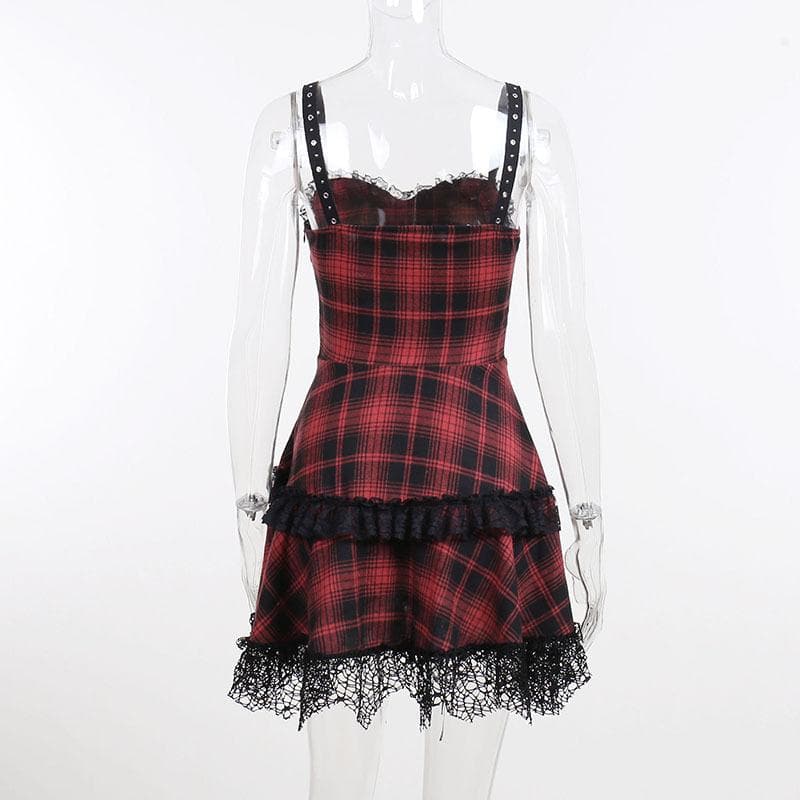 Zip-up lace hem lace up plaid backless mini dress - View 3