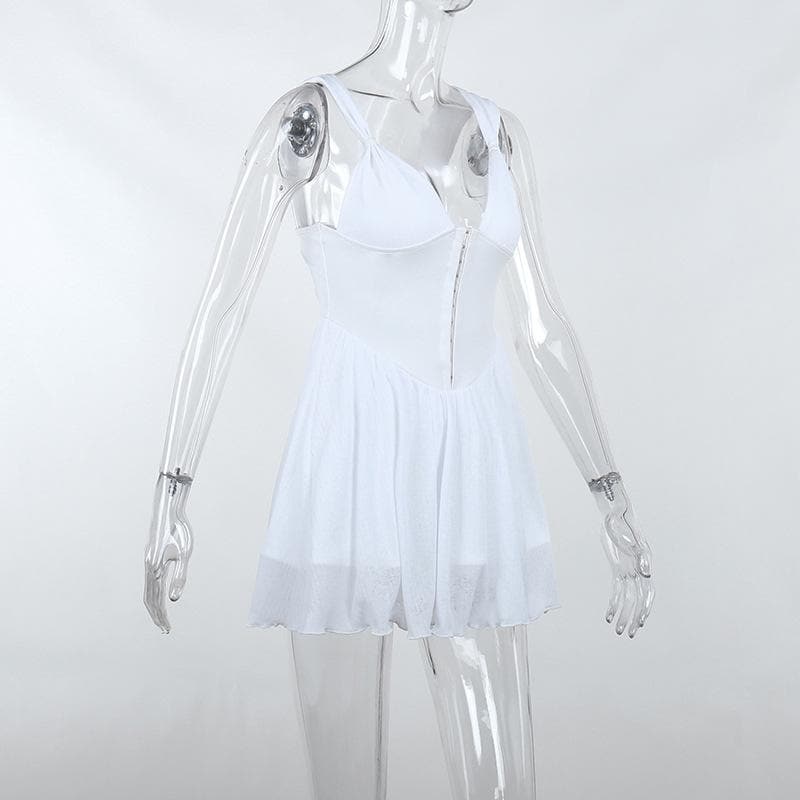 Button patchwork chiffon ruffle low cut mini dress - Final Sale - View 4