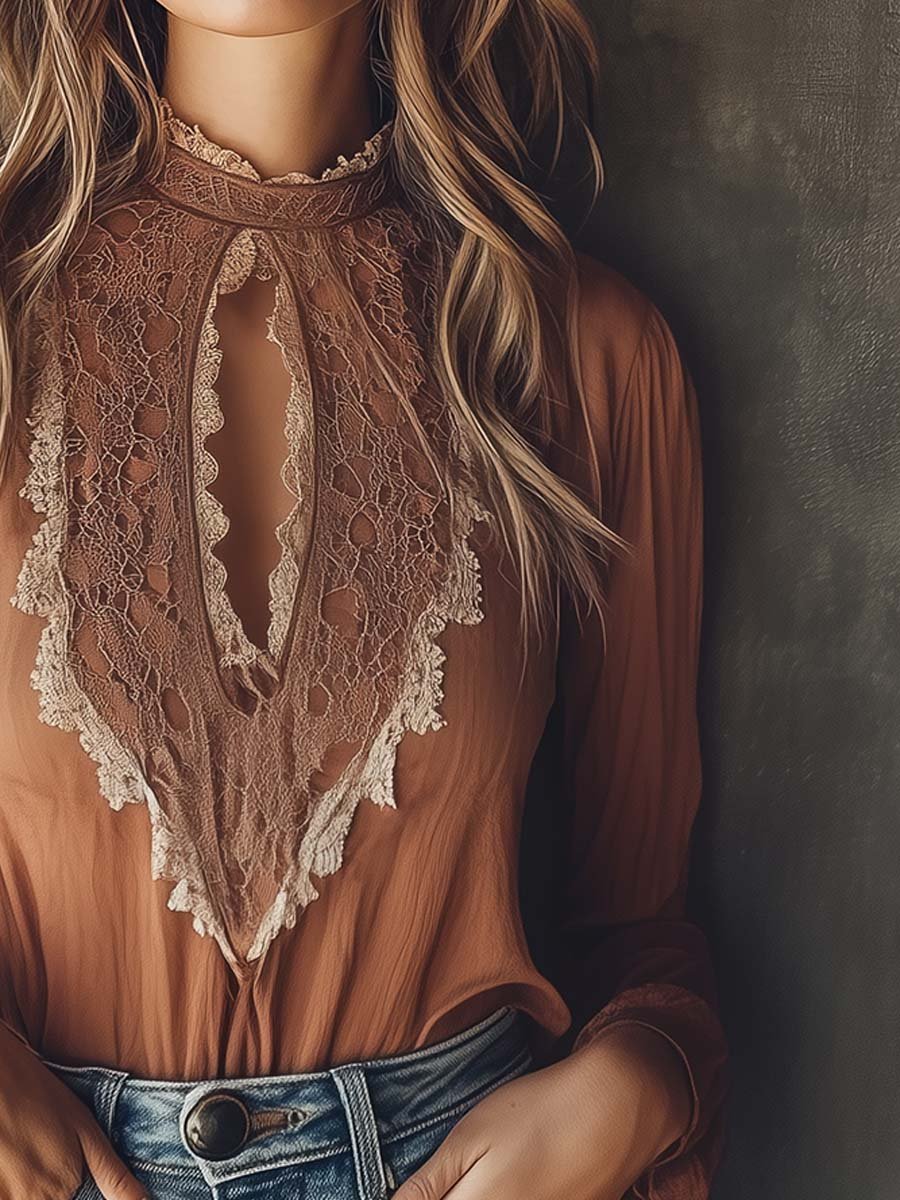 Elegant Keyhole Lace-Accent Blouse in Warm Cinnamon - Fashionpara