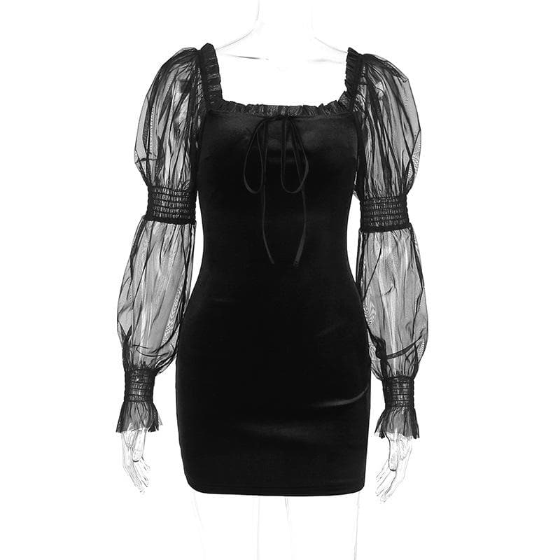 Velvet long puff sleeve ruffle mesh ruched square neck mini dress - View 3