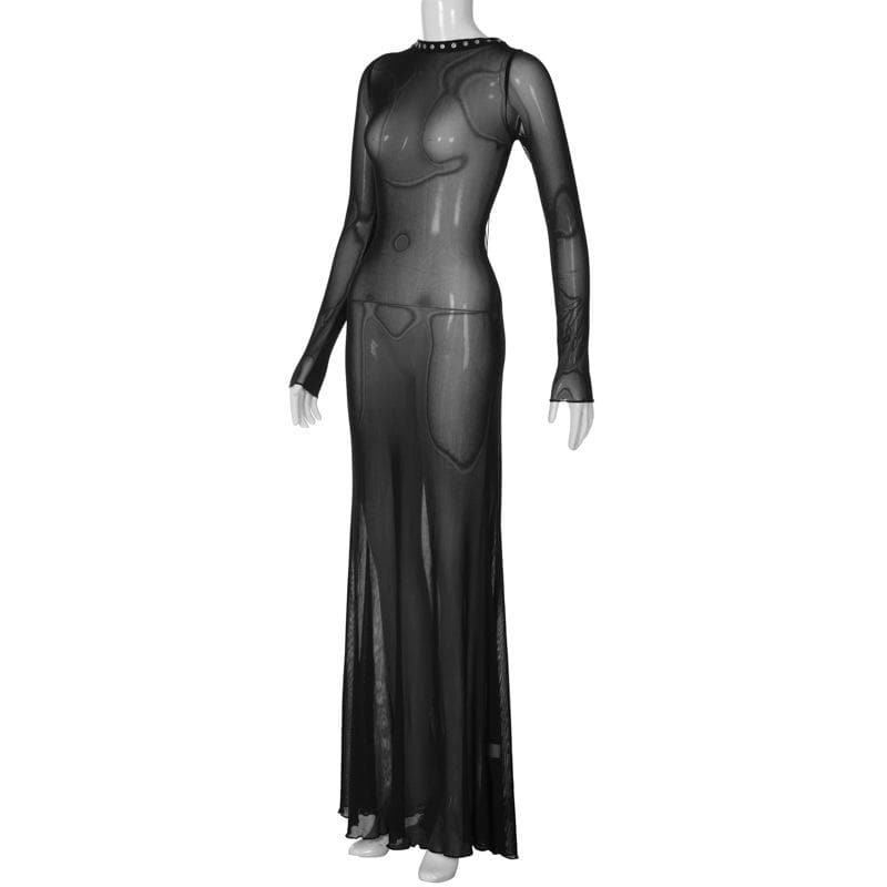 Long sleeve lace up sheer mesh see through maxi dress - View 3