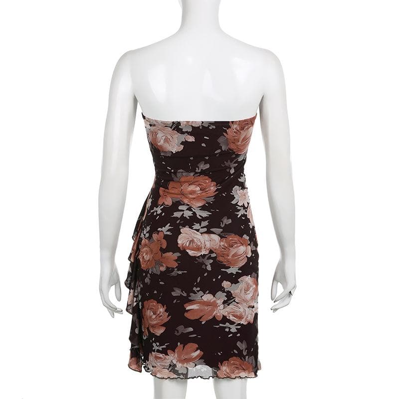 Floral Print Mesh Strapless Ruched Ruffle Bodycon Mini Dress - View 4