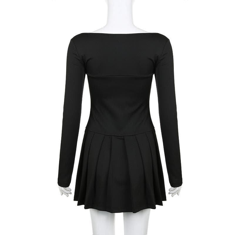 Lace hem square neck contrast long sleeve pleated mini dress - View 4