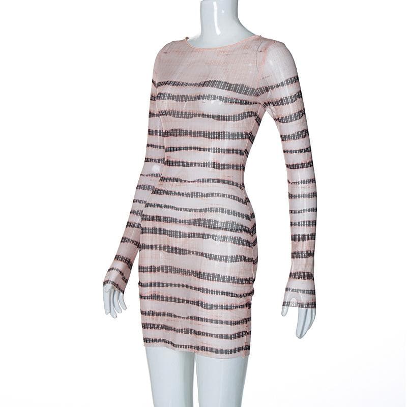 Long sleeve striped print sheer mesh crewneck ruffle mini dress - View 7