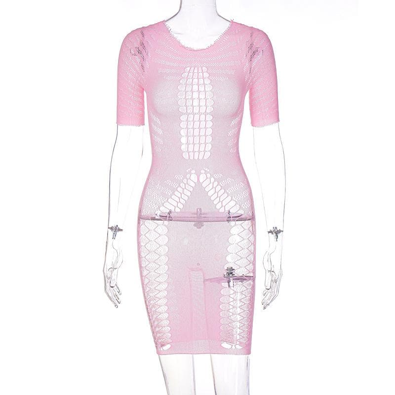 Fishnet hollow out lace up short sleeve solid mini dress