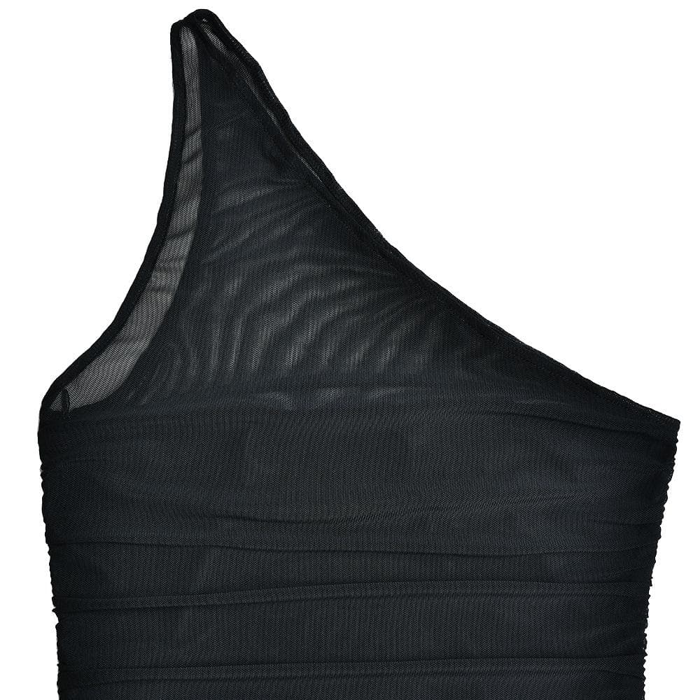 Solid one shoulder mesh patchwork ruffle ruched zip-up mini dress - View 10
