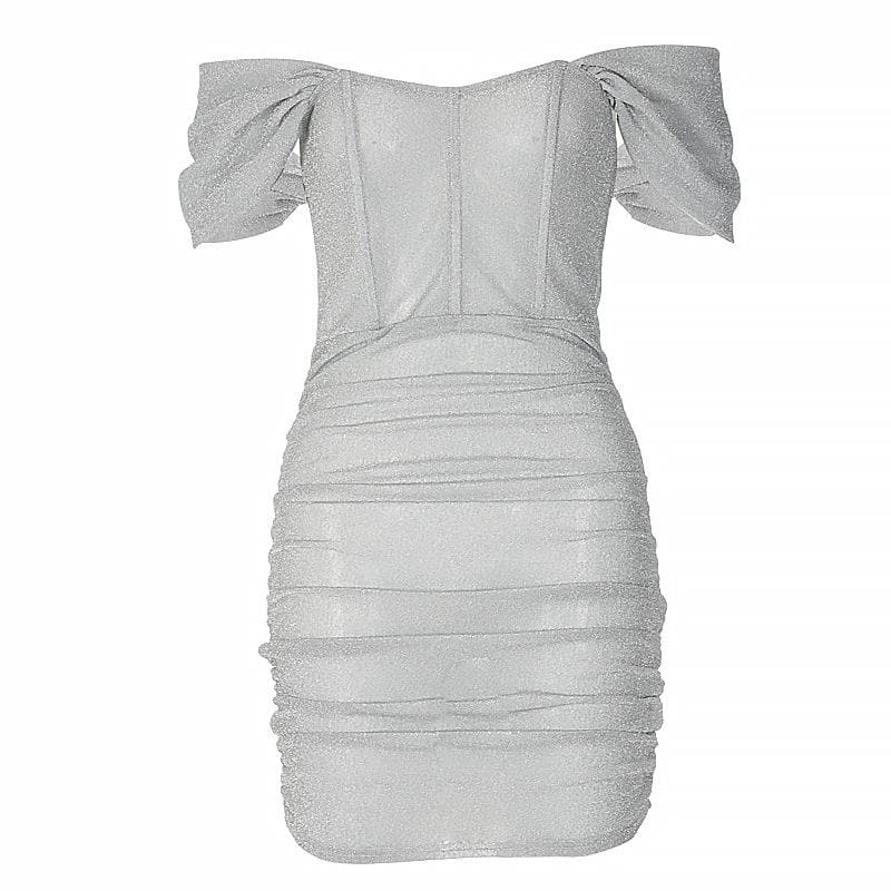 Glitter Off Shoulder Corset Ruched Bodycon Mini Dress