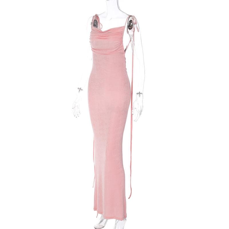 Ruched solid lace up backless cowl neck maxi dress - View 5
