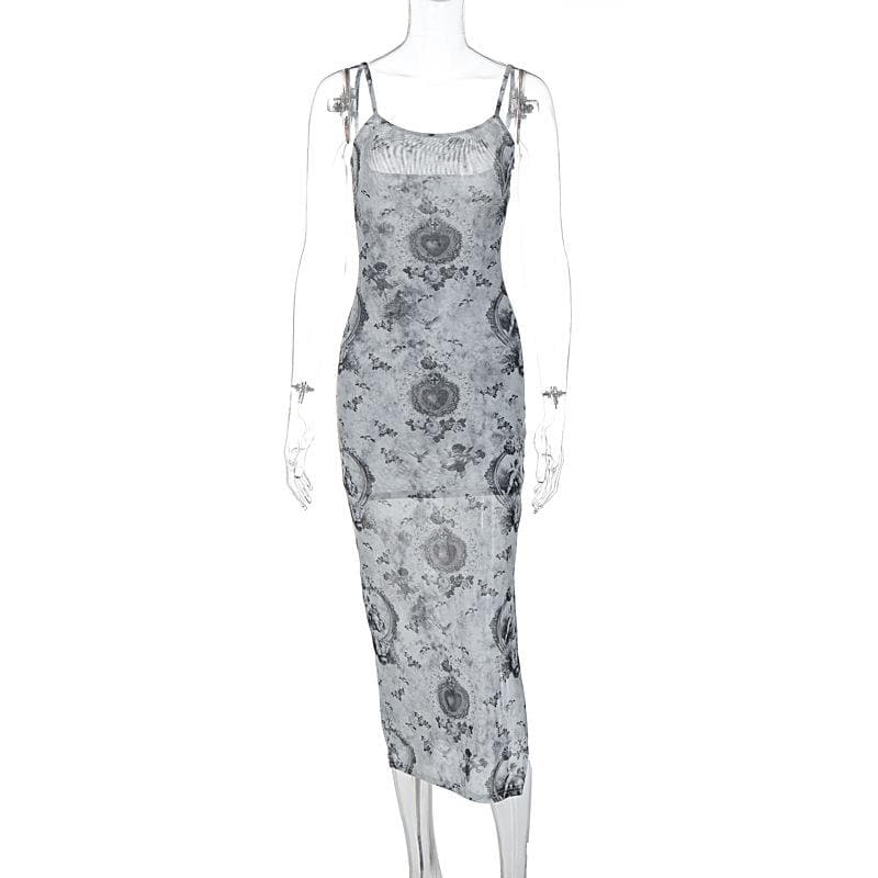 Slit contrast print sheer mesh see through u neck cami midi dress - View 8