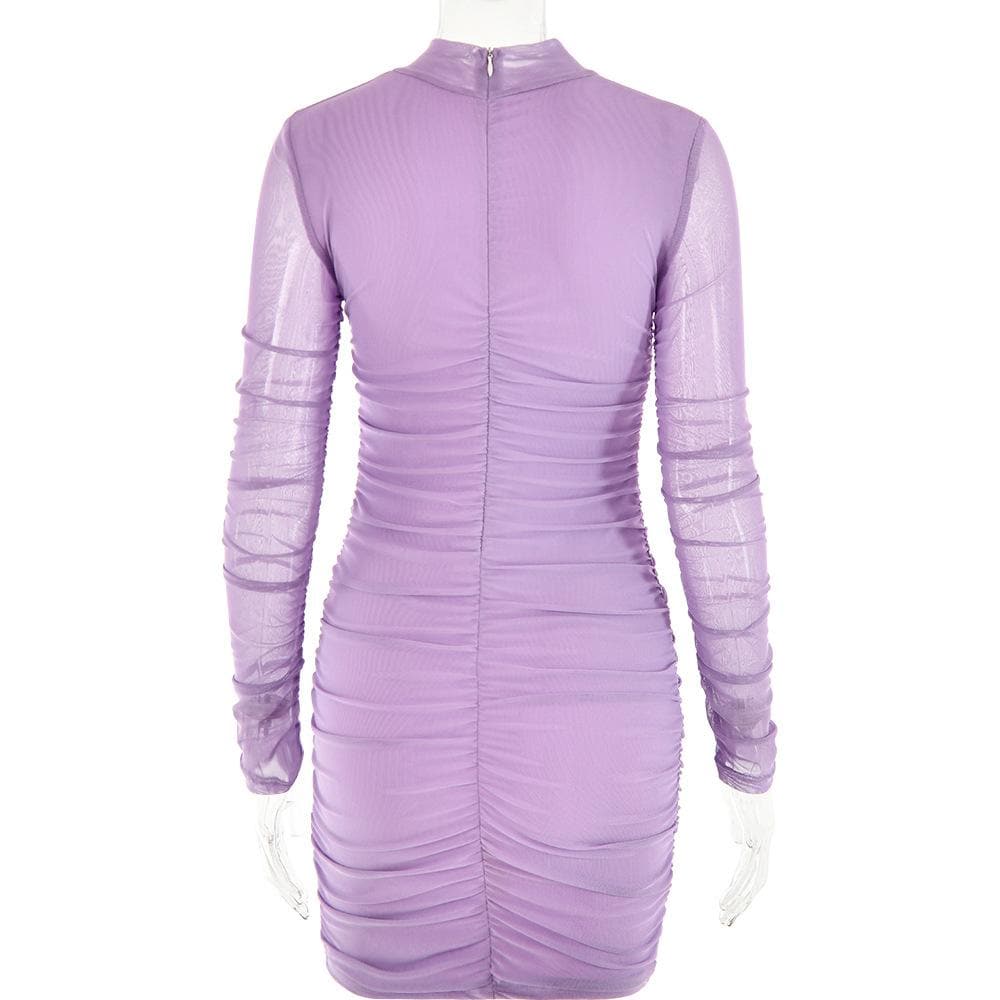 Mesh ruched zip-up long sleeve solid high neck mini dress - View 4