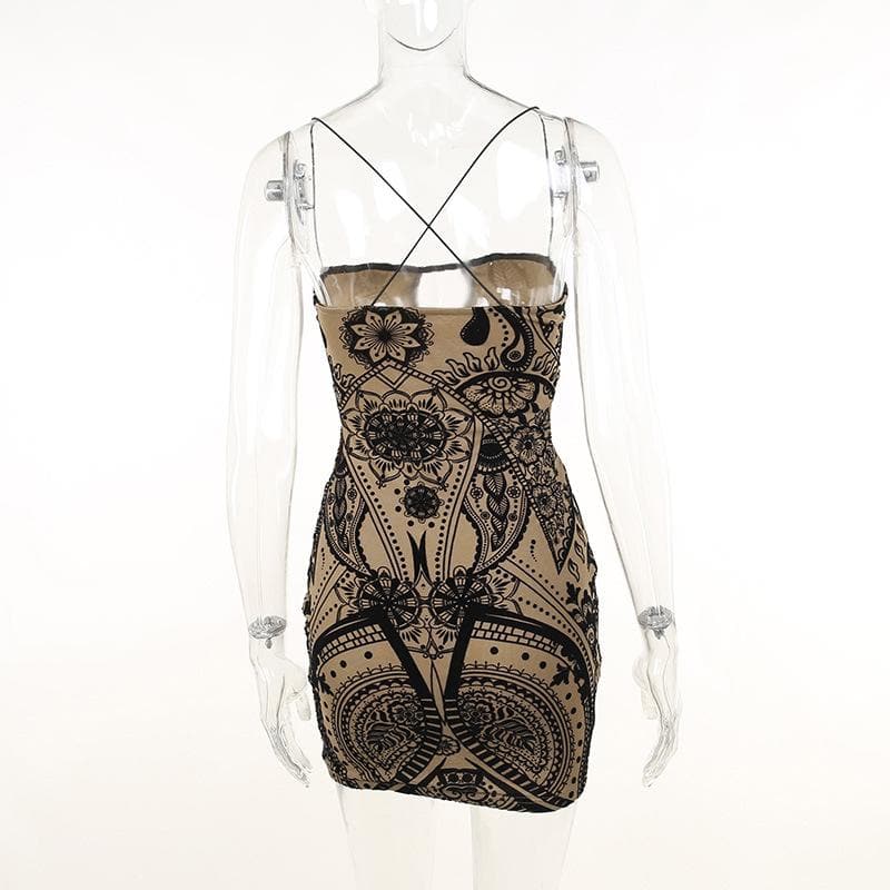 Mesh contrast hollow out cross back velvet mini dress - View 3