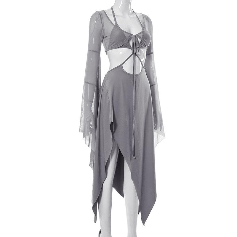 Mesh Halter Neck Flared Sleeve Cut Out High Split Midi Dress - View 5