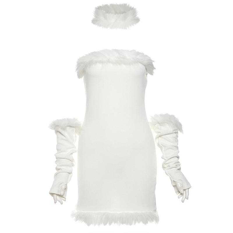 Feather gloves backless patchwork tube mini dress - View 2