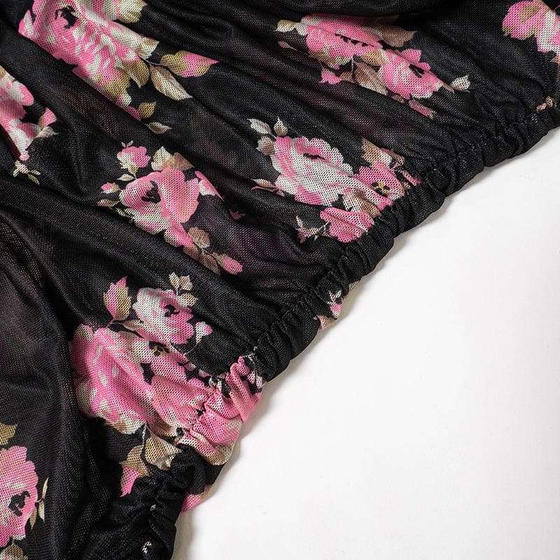 Floral Print Cowl Neck Long Sleeve Ruched Sheer Mesh Mini Dress - View 7