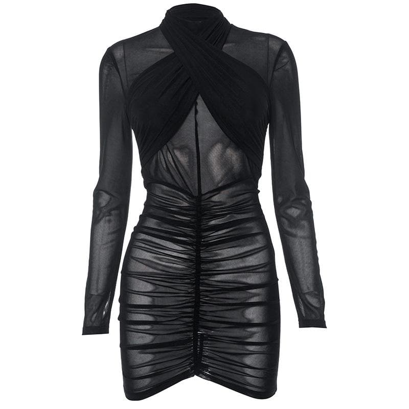 Ruched long sleeve cross front sheer mesh see through mini dress - View 2