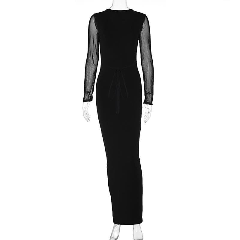 Mesh patchwork solid low cut long sleeve cross front maxi dress - View 4