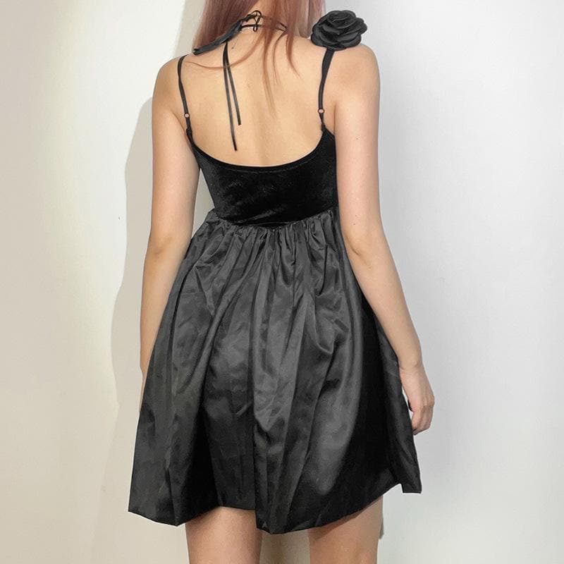 Velvet Notch Neck Spaghetti Strap Flower Applique Bubble Mini Dress - View 3