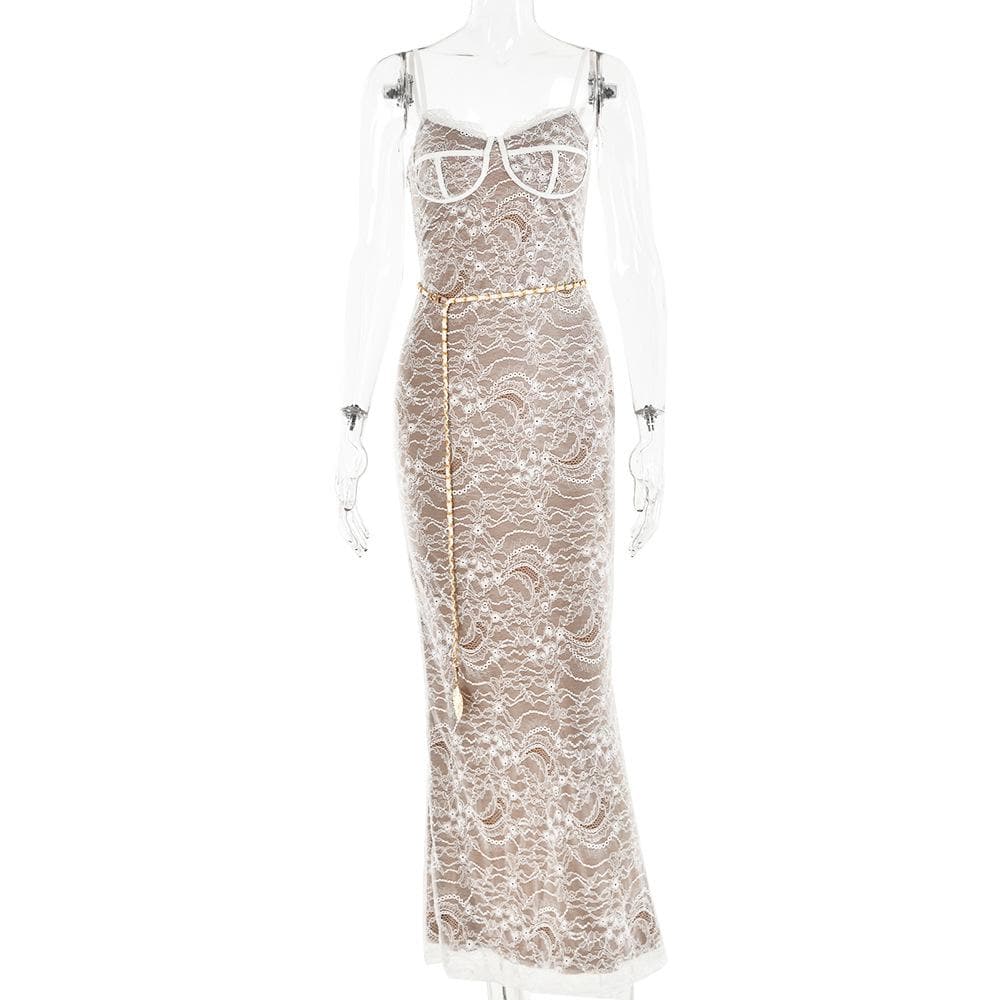Lace contrast zip-up backless slit cami maxi dress - View 4