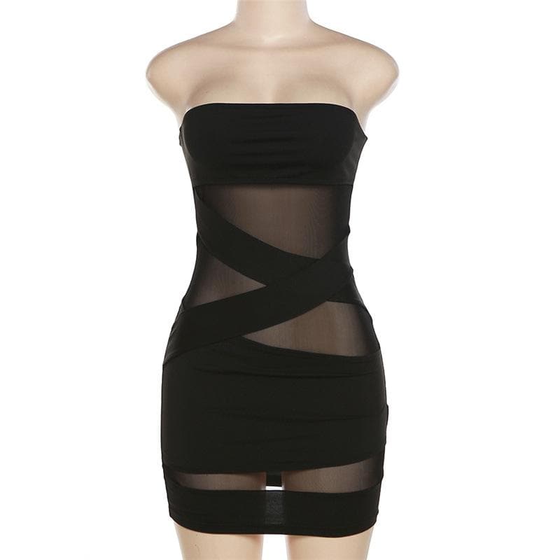 Cross front solid mesh backless patchwork tube mini dress - View 8
