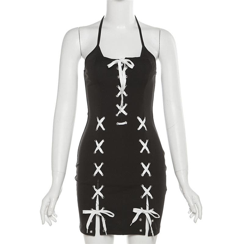 Halter Neck Lace Up Contrast Slit Bodycon Mini Dress - View 8
