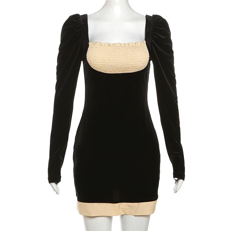 Smocked patchwork ruched contrast long sleeve velvet mini dress - View 2